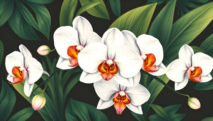Elegant Pink Orchids with Lush Green Leaves on Dark Background, Floral Nature Pattern. Generative AI