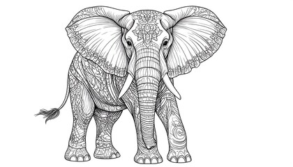 Detailed black and white elephant illustration with intricate decorative patterns