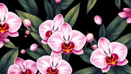 Elegant Pink Orchids with Lush Green Leaves on Dark Background, Floral Nature Pattern. Generative AI