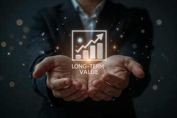 Hands holding a glowing financial growth chart and value icon