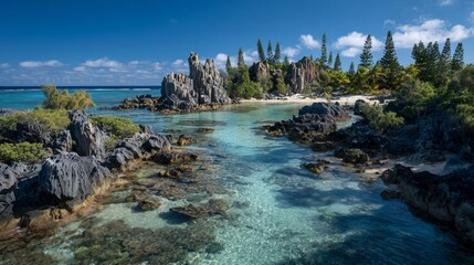 Tropical cove with turquoise water, rock formations, and pine trees