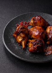 Fried chicken legs with teriyaki sauce, oven baked meat. Chicken legs