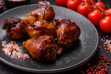 Fried chicken legs with teriyaki sauce, oven baked meat. Chicken legs
