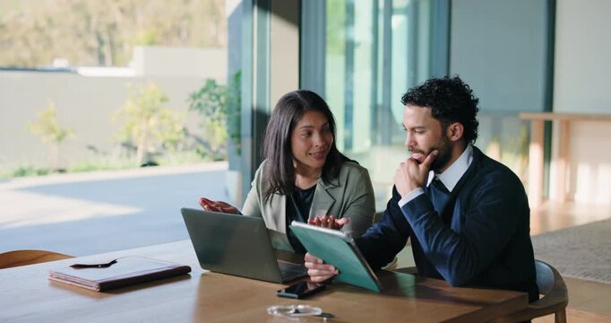 Business people, meeting and planning with laptop in office, insurance proposal and idea. Tablet, computer and happy team with discussion for project, claims briefing and explain workplace policy