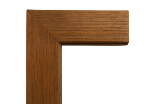 Wooden frame corner with brown wood grain texture forming an l shape, transparent background