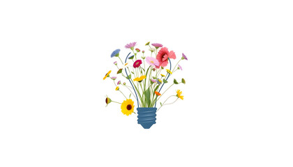 Creative Light Bulb with Colorful Flowers and Leaves, Idea and Inspiration Concept on Blue Background. Generative AI