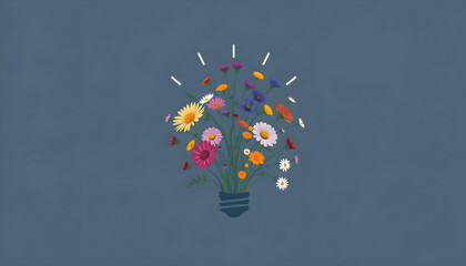 Creative Light Bulb with Colorful Flowers and Leaves, Idea and Inspiration Concept on Blue Background. Generative AI