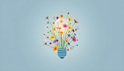 Creative Light Bulb with Colorful Flowers and Leaves, Idea and Inspiration Concept on Blue Background. Generative AI