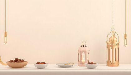 Ramadan Kareem Decorative Lanterns and Crescent Moon on Soft Pastel Background. Generative AI