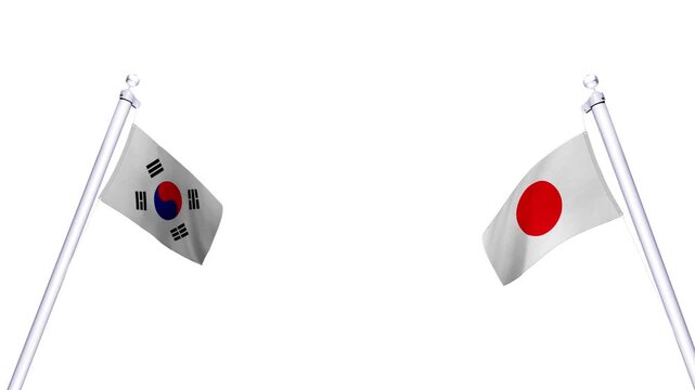 Japan Flag and South Korea Flag are waving in the white background on both side, realistic flag waving, diplomatic relations, political news, trade partnership, smooth animation, HD video