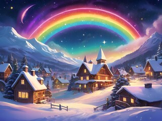 Fototapeta premium Winter village with rainbow sky, christmas fantasy scene