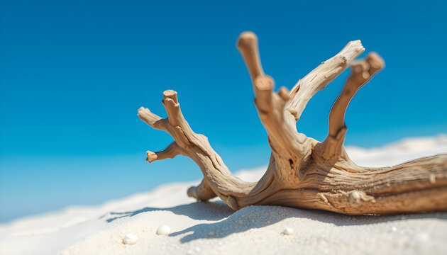 Outdoor photo of white sand low angle close up texture with depth blur, with brown drift wood on the top, bright clear blue sky. Generative AI