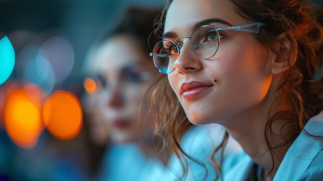 Woman attending biotechnology conference discussion with focus