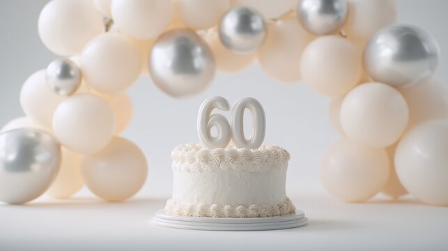 A beautiful white cake decorated for a 60th birthday celebration, featuring elegant balloons in soft tones. - Powered by Adobe