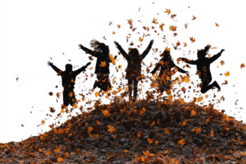 Group of silhouetted people jumping in a pile of autumn leaves celebrating fall season isolated on white background