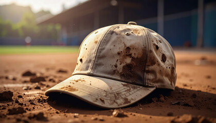 A Dirty Baseball Cap Lying Abandoned on the Infield Dirt of a Sunlit Stadium