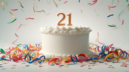 A festive white cake adorned with a '21' candle and colorful confetti, perfect for celebrating a milestone birthday.