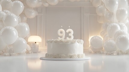 Elegant white birthday cake adorned with '93' candles, surrounded by a whimsical display of white balloons, perfect for a celebration.
