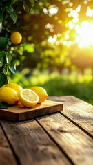 Fresh Lemons on a Wooden Table in a Sunlit Garden with Golden Evening Light