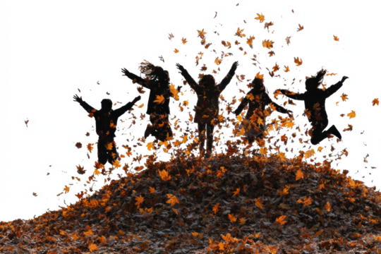 Group of silhouetted people jumping in a pile of autumn leaves celebrating fall season isolated on white background