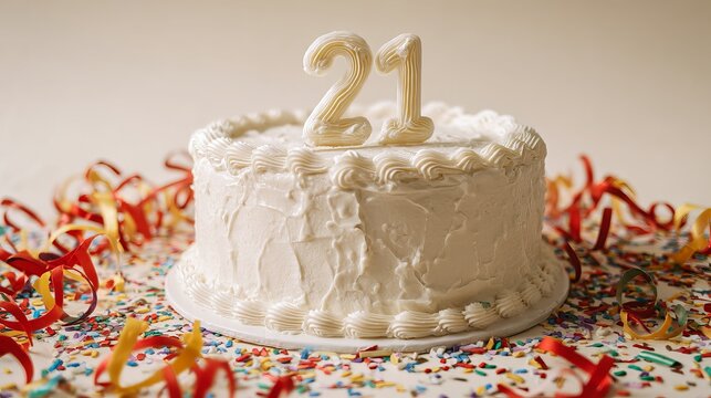 A beautiful white cake adorned with a '21' candle, surrounded by colorful confetti and streamers, perfect for a birthday celebration.
