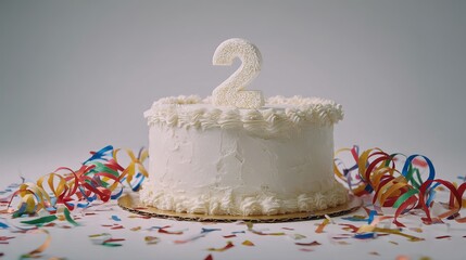 A beautifully decorated white birthday cake with a glittery number '2' on top, celebrating a child's second birthday.