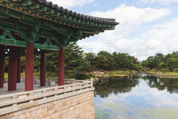 Gyeongju, South Korea, view of Donggung Palace and Wolji Pond in a sunny day, North Gyeongsang Province, Gyeongju city, Silla dinasty traditional Korean hanok architecture, Yeongnam region