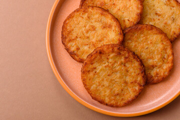 Potato hash browns, a cooked vegetable breakfast food. Potato hash brown