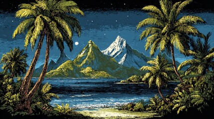 Tropical island at night, mountains, palm trees, water, pixel art