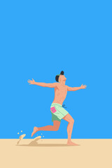 Young man running joyfully on the beach under a clear blue sky  