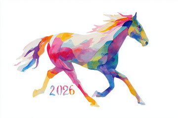馬の水彩イラスト(2026のテキスト入り)、干支、午年、年賀状