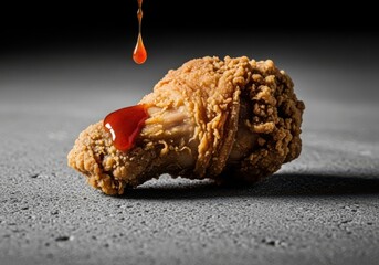 A single crispy fried chicken drumstick with a drop of red sauce falling onto it, set against a dark, textured background