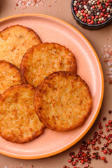 Potato hash browns, a cooked vegetable breakfast food. Potato hash brown