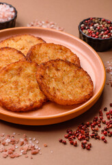 Potato hash browns, a cooked vegetable breakfast food. Potato hash brown