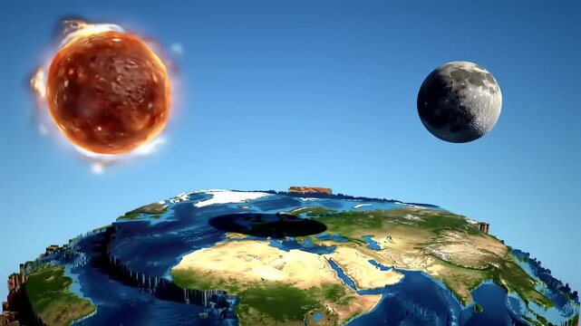 Flat Earth with Sun, Moon, and Space.