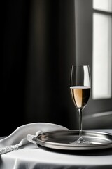 Elegant champagne glass on silver tray next to sunlit window