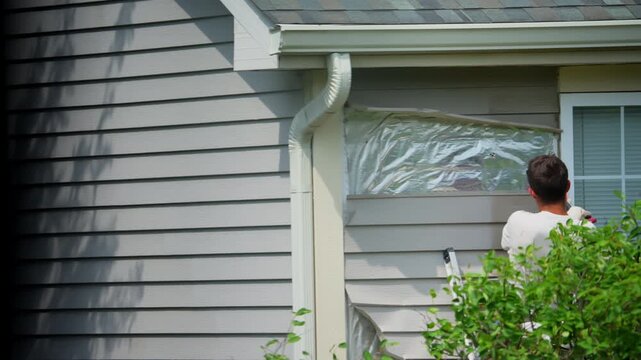 A worker removes old metal panels siding from the outside walls of the house