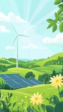 Ecology Illustration with Wind Turbine and Photovoltaic Panels &ndash; Sustainable Energy Concept