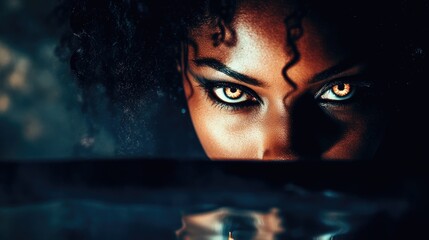 Intense gaze of young african female with curly hair and bold eyes above water surface