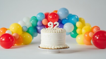 A festive white cake adorned with colorful balloons, celebrating a 92nd birthday with vibrant candles.