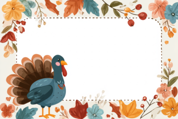 Thanksgiving frame with turkey and autumn leaves decorative border for holiday cards and invitations vector illustration