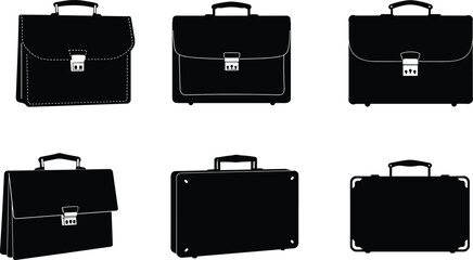 Briefcase silhouettes in different styles, black business bag illustration, office accessory design, corporate concept, luggage art, fashion study, travel icon