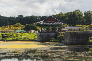 Gyeongju, South Korea, view of Donggung Palace and Wolji Pond in a sunny day, North Gyeongsang Province, Gyeongju city, Silla dinasty traditional Korean hanok architecture, Yeongnam region