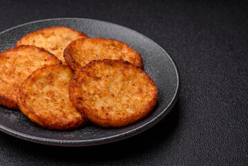 Potato hash browns, a cooked vegetable breakfast food. Potato hash brown