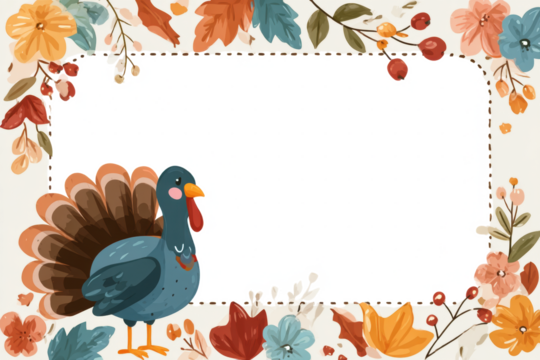 Thanksgiving frame with turkey and autumn leaves decorative border for holiday cards and invitations vector illustration
