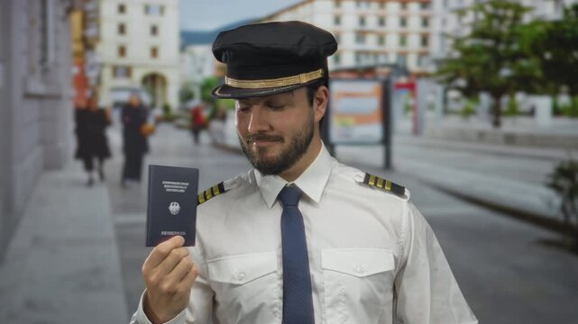 Young pilot in uniform holding a german passport outdoors on a street, showcasing a professional demeanor against an urban backdrop.