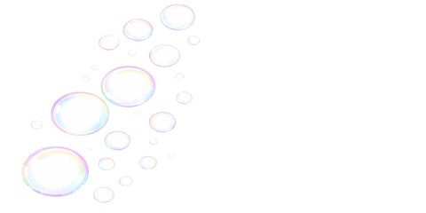 Soap bubbles on a black background show transparent spheres of light and air floating in clear water