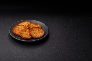 Potato hash browns, a cooked vegetable breakfast food. Potato hash brown