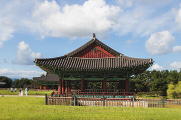 Gyeongju, South Korea, view of Donggung Palace and Wolji Pond in a sunny day, North Gyeongsang Province, Gyeongju city, Silla dinasty traditional Korean hanok architecture, Yeongnam region
