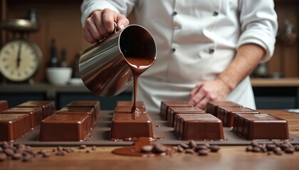 Chef pours liquid chocolate into molds for making sweets. Professional confectioner works in kitchen preparing artisanal desserts. Close up of smooth dark cocoa treat.